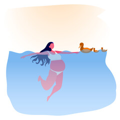 a young, pregnant girl swimming in the sea meets a duck with ducklings