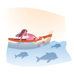 a young, pregnant girl sailing on a boat will meet dolphins who play with her