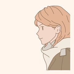 Side view portrait of woman looking to the side toward the copy space. Hand drawn flat cartoon character vector illustration.