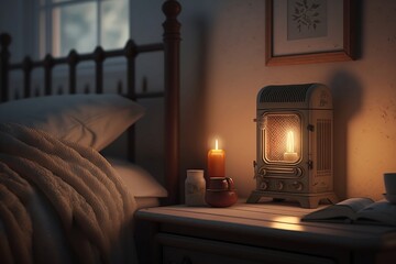 A cozy bedroom with a space heater on a nightstand, casting a warm, comforting glow.
