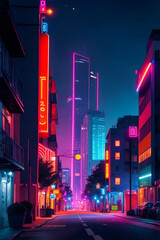 Urban Night Cityscape Neon Cyberpunk Style Illustration