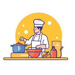 chef cooking in the kitchen, flat art design vector