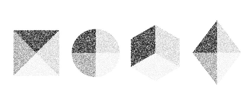 Set of stippled geometric shapes with faces. Black dotted square, circle, rhombus and hexagon collection. Textured noise grain dot work elements. Half tones and shadows gritty effect bundle. Vector