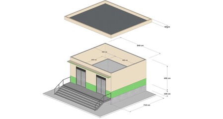 3D Axonometric Illustration of Squared Building-Building Exterior With Measurements in Centimeters 