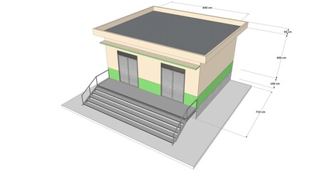 3D Illustration of Squared Building-Building Exterior With Measurements in Centimeters 