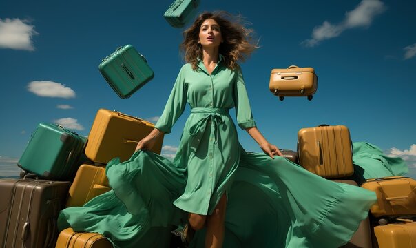 Aesthetic Image Of An Elegant Woman With Lots Of Luggage, Generative Ai