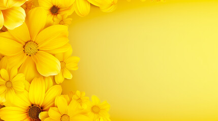 Banner with yellow flowers on isolated background. Postcard, card. Border frame with empty copy space for design or text. 