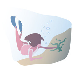 a young, pregnant girl is engaged in scuba diving. Collects corals