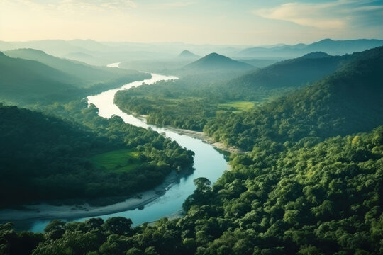 River in rainforest, drone view