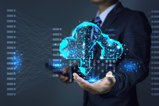 Businessman holding low poly cloud computing in hand for upload and download data or transmitting digital information and receiving binary code. Digital data transformation and communication concept.