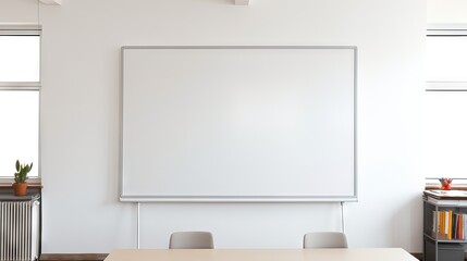 A pristine whiteboard in a modern meeting room, ready for ideas and brainstorming. Generative AI