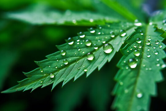 close-up photo of rain drops on a marijuana leaves