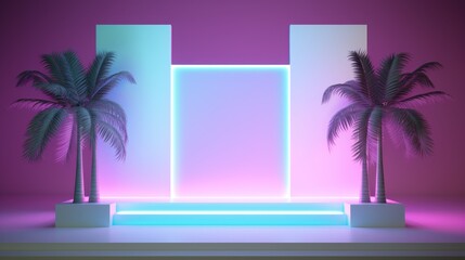 Neon wall mockup with neon stairs and palm trees. AI generation 