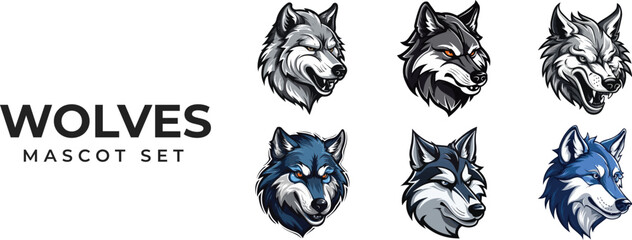 Wolves Mascot Logo Set, Vector Illustration isolated on background, Variations of Wolf Mascot, Wolf Logo Collection vector, Esports gaming emblem of Wolf, Wolf face or wolf head logo, tshirt print - obrazy, fototapety, plakaty