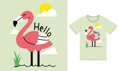 Cute flamingo illustration with tshirt design premium vector