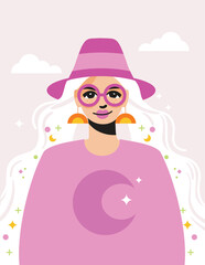 Portrait of a wavy-haired, pink girl looking cute and trendy. Sparkle, glitter, glasses, hat. Flat vector eps.