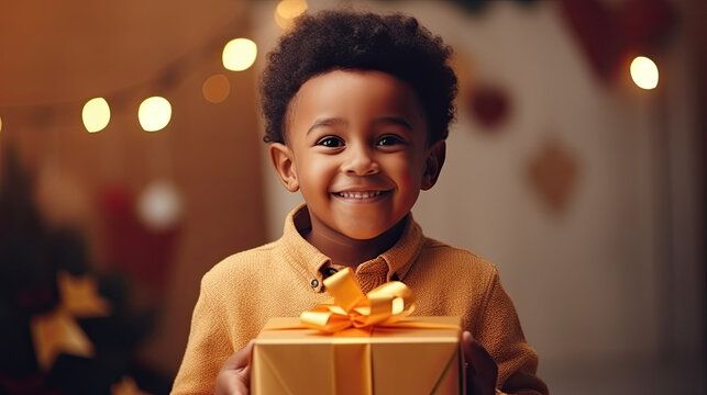 Happy Fathers day. African american kid son giving gift box to dad for holiday at home