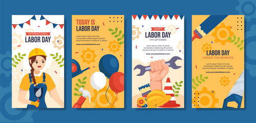 Happy Labor Day Social Media Stories Flat Cartoon Hand Drawn Templates Background Illustration