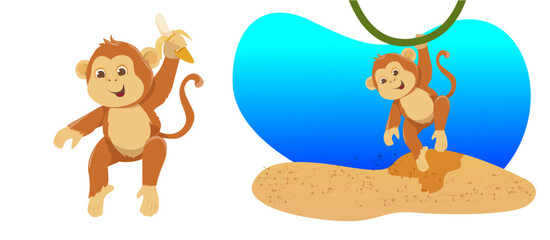 Illustration Of Cute Monkey Holding Banana Suitable for Children's Book. Cute Baby Monkey Vector Illustration.