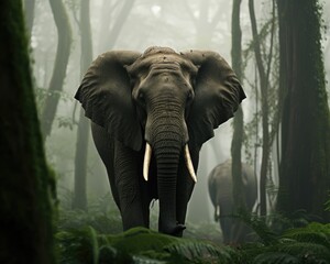 Fototapeta premium An elephant stands in a forest filled with trees. (Generative AI)