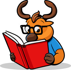 Cartoon Illustration Deer Reading Book Isolated On White. Children's education illustration cute animals. Generative AI