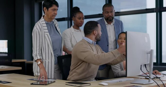 Business team, computer and angry of online glitch with digital error for web consultant job. Communication, manager and African professional with staff criticism and problem on website at office