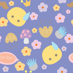 Seamless Pattern with Cartoon Design on Pastel Violet Background