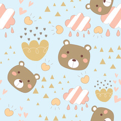 Obraz premium Seamless Pattern with Cartoon Bear Face and Flower Design on Pastel Blue Background