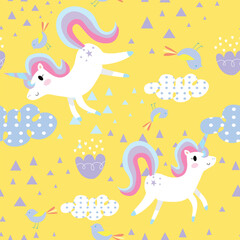 Seamless Pattern with Cartoon Unicorn Design on Pastel Yellow Background
