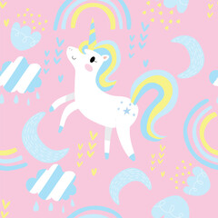 Seamless Pattern with Cartoon Unicorn Design on Pastel Pink Background
