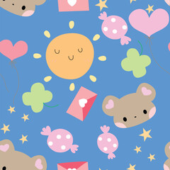 Seamless Pattern with Cartoon Design on Pastel Blue Background