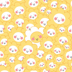 Seamless Pattern with Cartoon  Flower Design on Pastel Yellow Background