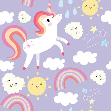 Seamless Pattern with Cartoon Unicorn Design on Pastel Violet Background