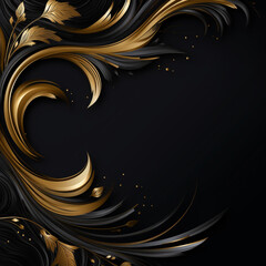 Gold black background abstract wave line for wallpaper on website. Light golden metal texture or shiny metallic gradient with Generative AI.