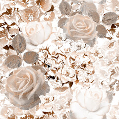 Seamless vintage monochrome floral pattern. Roses and hydrangeas on a light background. - 627923544