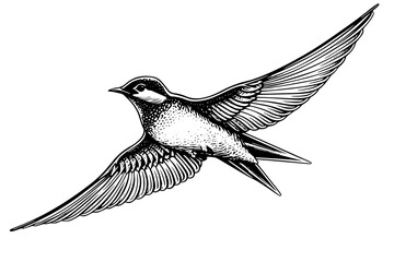 Ink sketch of flying swallow. Hand drawn engraving style vector illustration.