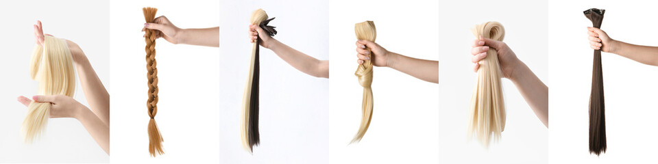 Set of hands holding different hair strands on white background - Powered by Adobe