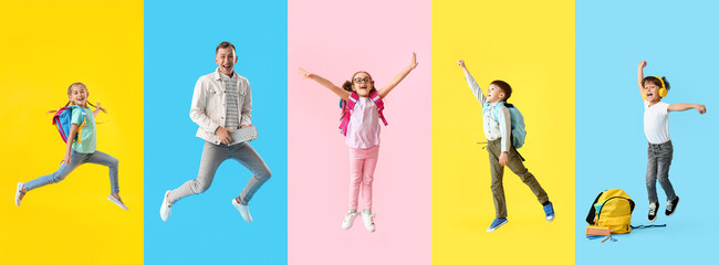 Collage of jumping pupils on color background