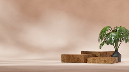 rendering 3d empty scene square wooden podium in landscape with green potted plant