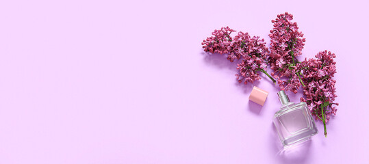 Beautiful lilac flowers with bottle of perfume on purple background with space for text - obrazy, fototapety, plakaty