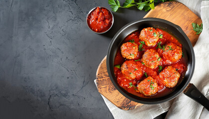 Meatballs in tomato sauce in a frying pan on dark stone table. Top view copy space.