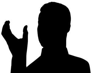 Digital png silhouette image of man touching virtual screen on transparent background