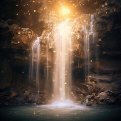 Golden Glow Waterfall: Serene Scene with Soft Lighting