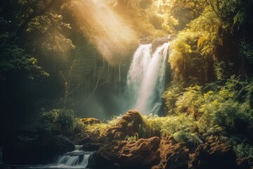 Golden Glow Waterfall: Serene Scene with Soft Lighting