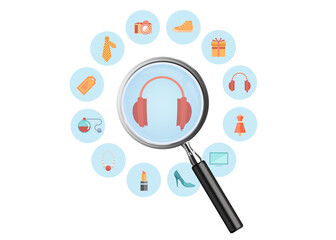 Digital png illustration of magnifying glass with icons on transparent background