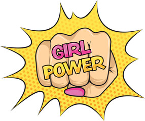 Digital png illustration of girl power text with fist icon on transparent background