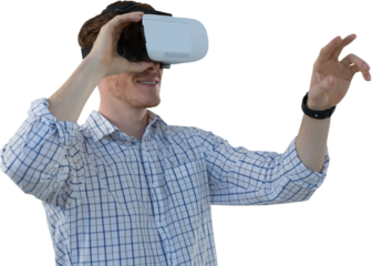 Digital png photo of caucasian man using vr headset on transparent background