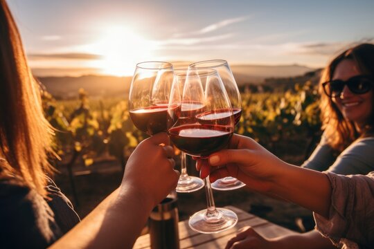 Happy people enjoying harvest time together at farmhouse winery countryside. 