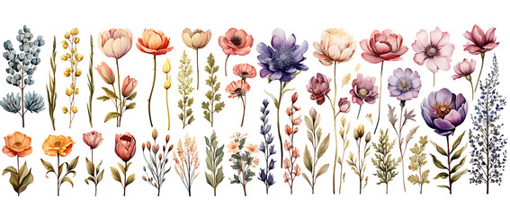 Colorful flowers and plants , png isolated on transparent background.