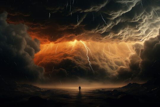 Silhouette of a lonely man walking in a thunderstorm in a field, lightning and a hurricane with rain